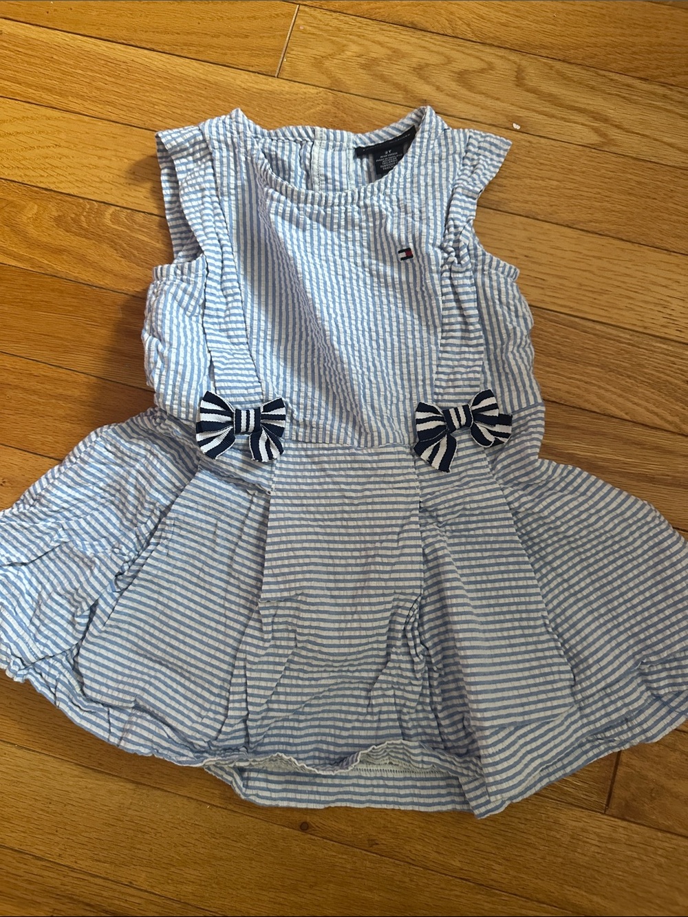 Tommy Hilfiger Light Blue & White Striped Seersucker Dress with Navy Bow Accents